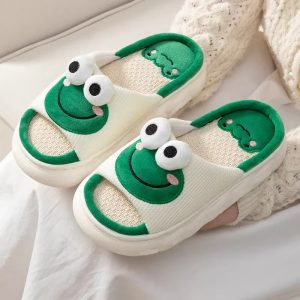 Frog Slippers For Women Men Cartoon Animal Cotton Slippers Fuzzy Plush Slides Winter Warm House Slippers Cartoon Animal Shape Slippers, Womens Four Seasons Home Linen Slippers